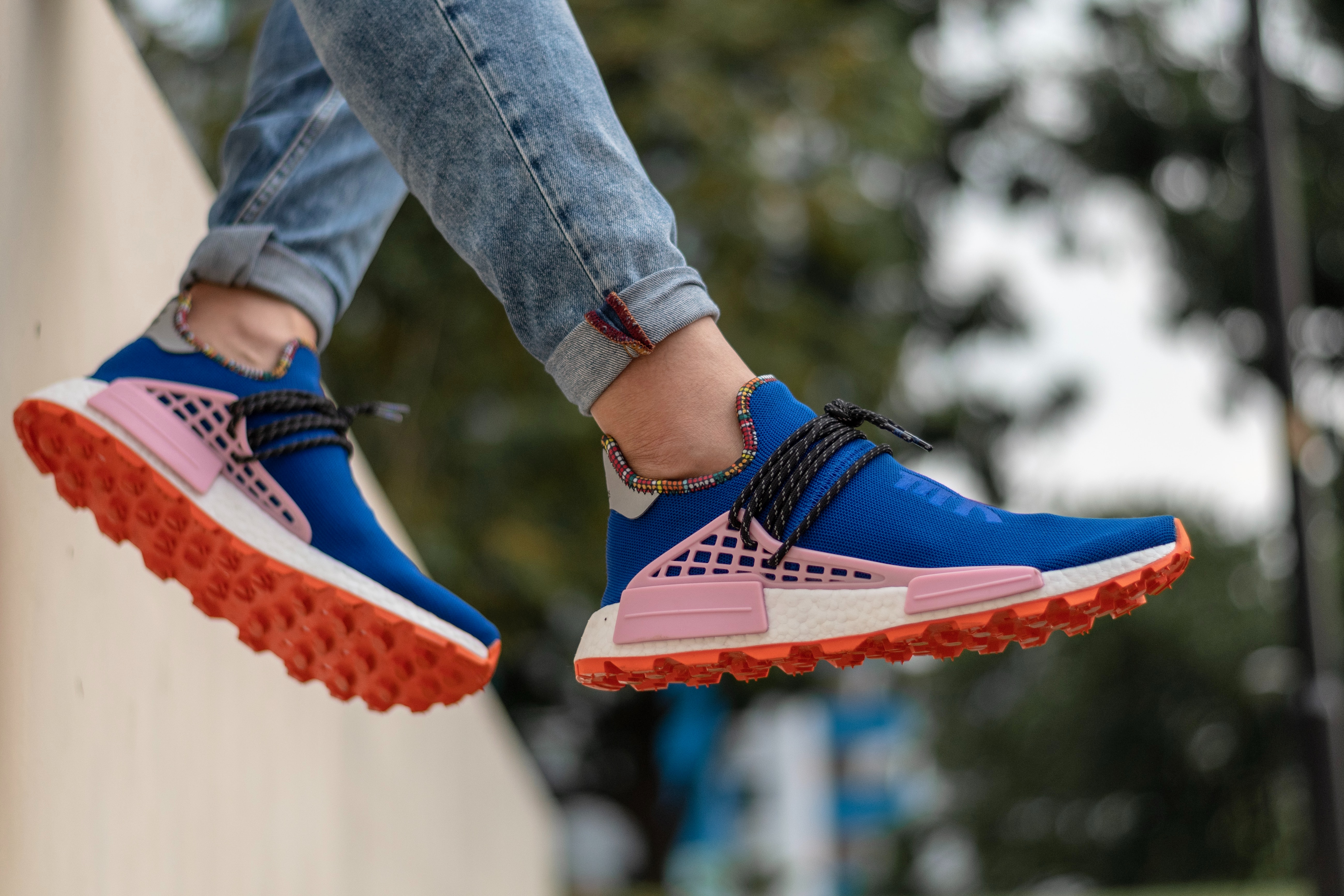 Blue and pink trainers